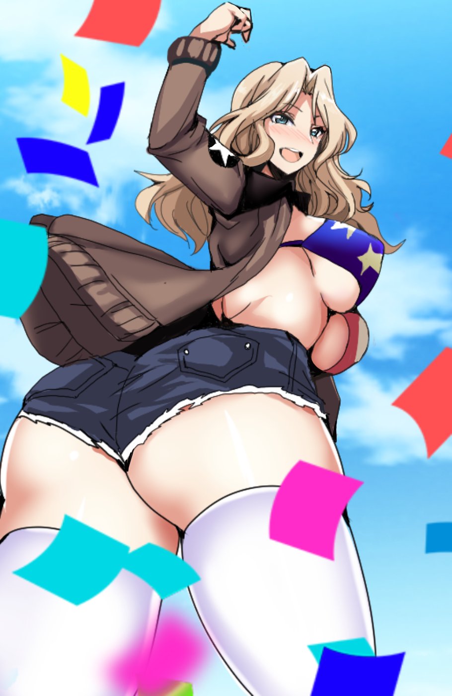 american_flag_bikini arm_up ass bikini black_panties blonde_hair blue_eyes blush breasts brown_jacket butt_crack cloud confetti day flag_print from_below girls_und_panzer highres jacket kay_(girls_und_panzer) koujun_(mugenzero) large_breasts long_hair looking_at_viewer open_clothes open_jacket open_mouth outdoors panties pointy_breasts short_shorts shorts skindentation sky solo star swimsuit thighhighs twisted_torso underboob underwear white_legwear