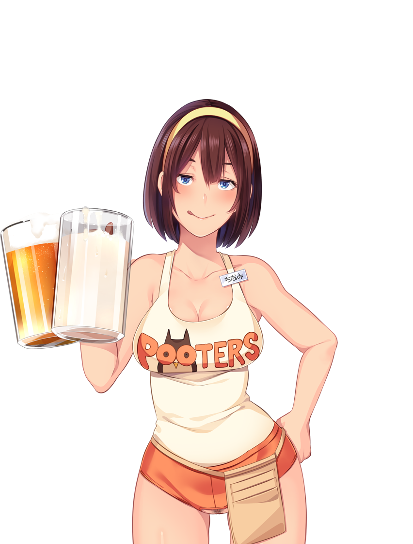1girl ;q bare_arms bare_legs bare_shoulders beer beer_mug blue_eyes blush breasts brown_hair butcha-u cleavage closed_mouth crotchless cum cup drinking_glass eyelashes game_cg hair_between_eyes hairband hand_on_hip hand_up holding holding_drinking_glass holding_glass hooters kenzen!_hentai_seikatsu_no_susume large_breasts legs licking_lips looking_at_viewer maezono_chinami name_tag naughty_face orange_shorts original pubic_hair short_hair short_shorts shorts simple_background sleeveless smile solo standing tank_top thighs transparent_background yellow_hairband
