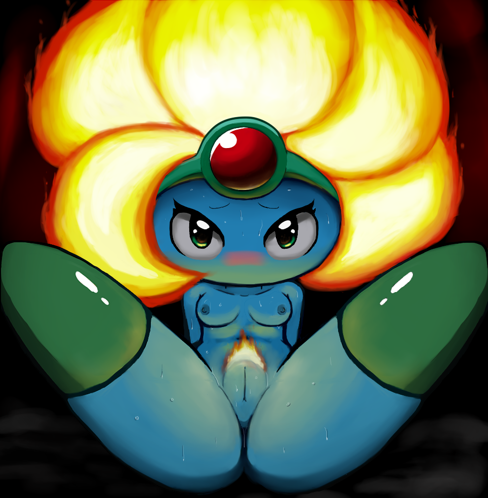 blue_skin blush breasts burning_leo female fire gem green_eyes kirby_(series) looking_at_viewer mrmochi nintendo nude presenting pussy solo spread_legs spreading sweat video_games