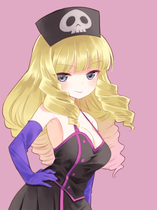 :&gt; action_heroine_cheer_fruits arm_at_side armpits bangs bare_shoulders black_dress blonde_hair blunt_bangs blush breasts cleavage closed_mouth commentary contrapposto curly_hair dress drill_hair elbow_gloves eyebrows_visible_through_hair eyelashes eyeshadow gloves grey_eyes hand_on_hip hat jpeg_artifacts large_breasts lipstick long_hair looking_at_viewer makeup nurse_cap pink_eyeshadow pleated_dress purple_background purple_gloves purple_lipstick shimura_kanon sidelocks simple_background skull sleeveless sleeveless_dress smile solo standing takano_natsuki tsurime upper_body v-shaped_eyebrows