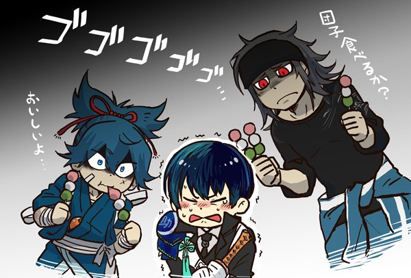 bangs blue_eyes blue_hair clenched_hand closed_eyes closed_mouth clothes_around_waist dango eating food food_in_mouth gradient gradient_background headband high_ponytail holding holding_weapon jacket_around_waist kenshin_kagemitsu long_sleeves looking_at_another male_focus multiple_boys oodenta_mitsuyo red_eyes sanshoku_dango sayo_samonji scar shaded_face swept_bangs tantou touken_ranbu translated trembling wagashi weapon