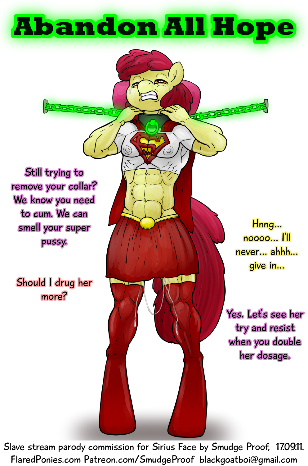 abs ambiguous_gender apple_bloom_(mlp) bdsm bondage bound cosplay crossover friendship_is_magic kryptonite muscular my_little_pony nipples rubber smudge_proof solo superfilly supergirl tears wet