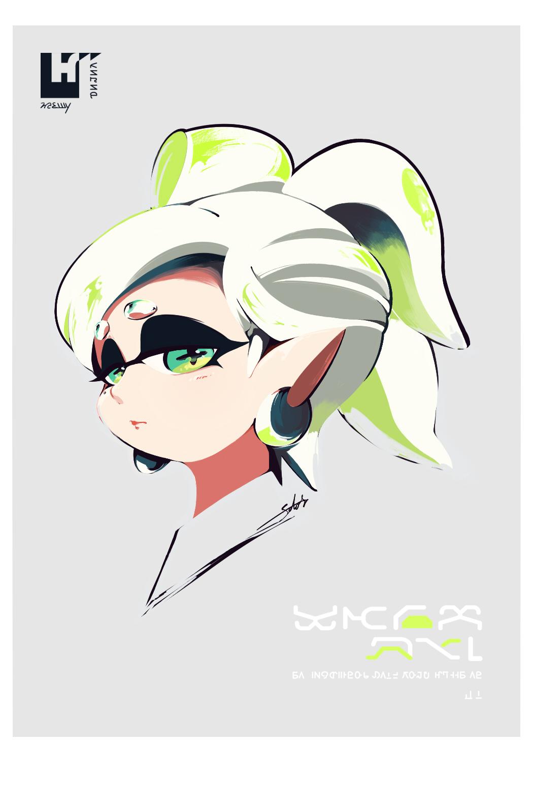 alternate_eye_color artist_name closed_mouth cropped_neck domino_mask earrings face grey_background highres hotaru_(splatoon) inkling_(language) jewelry looking_at_viewer mask mole mole_under_eye pointy_ears seto_(asils) short_hair signature silver_hair solo splatoon_(series) tentacle_hair