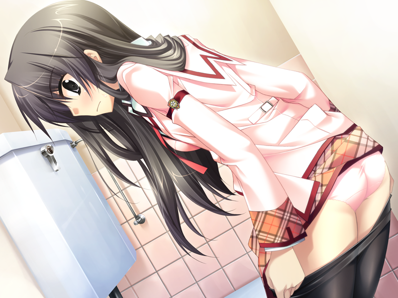 ass black_hair black_legwear blush brown_eyes closed_mouth embarrassed from_behind game_cg indoors jacket kanna_(plum) long_hair looking_at_viewer looking_to_the_side miniskirt miwa_fuzuki panties pantyhose pantyhose_pull pink_jacket pink_panties plaid plaid_skirt pulled_by_self red_ribbon ribbon sakura_tale skirt skirt_lift solo tile_wall tiles toilet underwear undressing