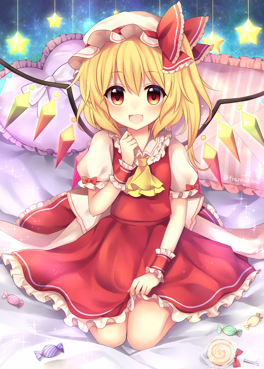 :d ascot bangs bed blonde_hair bow candy commentary_request crystal eyebrows_visible_through_hair fang flandre_scarlet food frilled_pillow frilled_ribbon frilled_shirt_collar frilled_skirt frilled_sleeves frills full_body gradient_eyes hair_between_eyes hand_up hat hat_ribbon heart heart_pillow highres lollipop looking_at_viewer mob_cap multicolored multicolored_eyes open_mouth pillow puffy_short_sleeves puffy_sleeves red_eyes red_ribbon red_skirt red_vest ribbon ruhika seiza shirt short_hair short_sleeves side_ponytail sitting skirt skirt_hold skirt_set smile solo sparkle star starry_background striped striped_pillow touhou twitter_username vest white_bow white_hat white_shirt wings wrapped_candy wrapper wrist_cuffs yellow_eyes yellow_neckwear