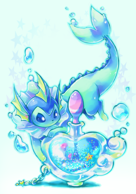 blue_eyes bottle bubble chain gen_1_pokemon ibui_matsumoto no_humans pokemon pokemon_(creature) solo star vaporeon