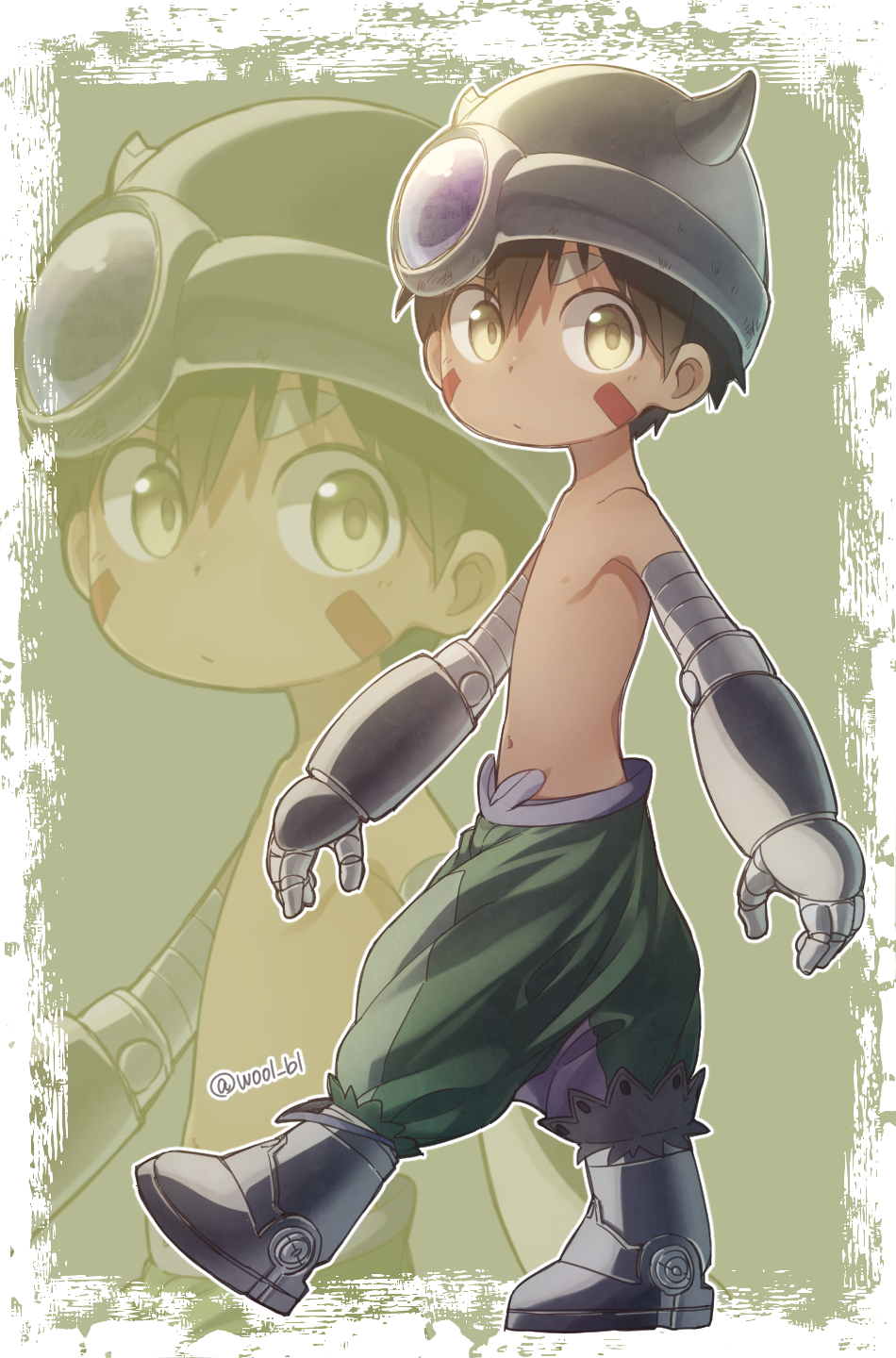 android closed_mouth dark_skin dark_skinned_male facial_mark green_background helmet highres horned_helmet keitomato looking_at_viewer made_in_abyss male_focus pants regu_(made_in_abyss) shirtless simple_background solo zoom_layer