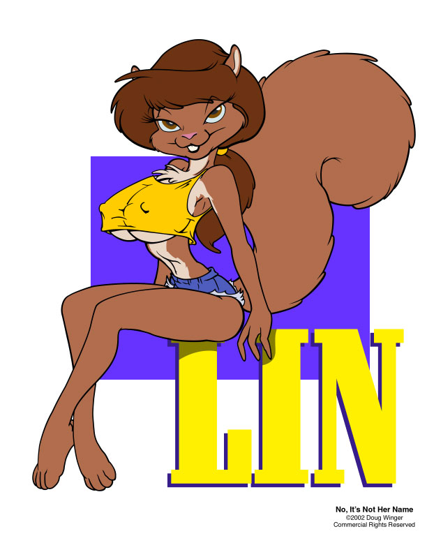 2002 anthro big_breasts breasts brown_eyes brown_hair clothing denim_shorts doug_winger female hair looking_at_viewer mammal midriff rodent shorts solo squirrel under_boob
