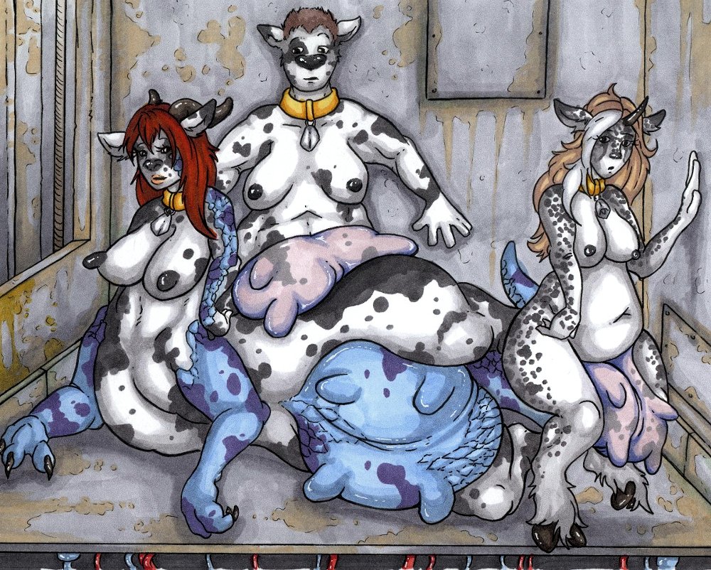 anthro bell_collar bovine breasts cattle collar dragon female fenris49 group hooves hybrid hyper_udder mammal nipples nude overweight spots taur teats udders