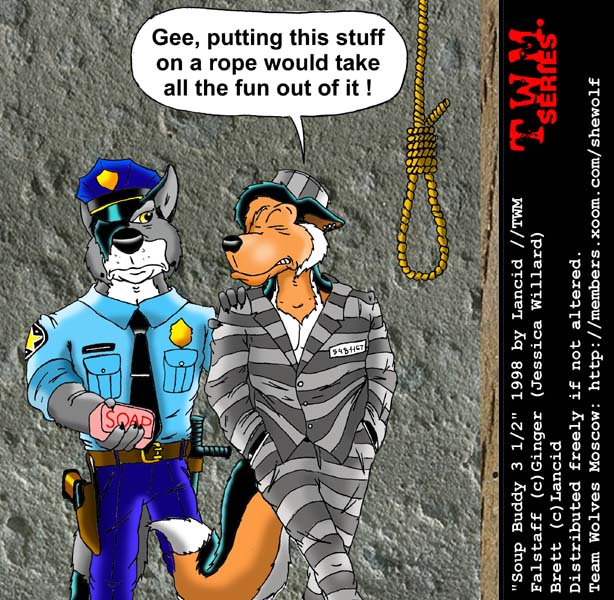 1998 canine clothed clothing dog duo falstaff lancid male mammal noose parody police prisoner