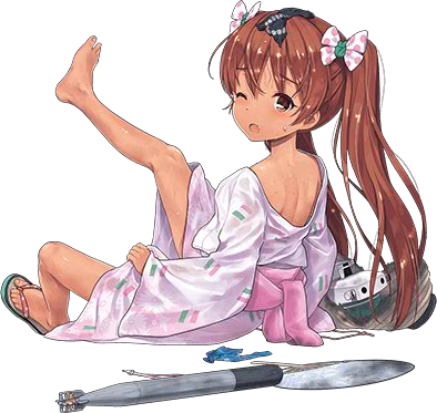 bow brown_eyes brown_hair damaged fan full_body hair_bow headwear_removed japanese_clothes jiji jpeg_artifacts kantai_collection kimono libeccio_(kantai_collection) lossy-lossless lowres official_art sandals solo torpedo transparent_background twintails yukata