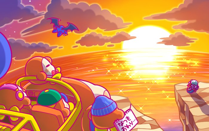backwards_hat baseball_cap beanie bow bowtie cliff closed_eyes cloud commentary_request flying hat headphones helmet kirby kirby_(series) meta_knight no_humans notepad ocean official_art sitting sparkle star_(sky) sunset translated waddle_dee wheelie_(kirby) wings