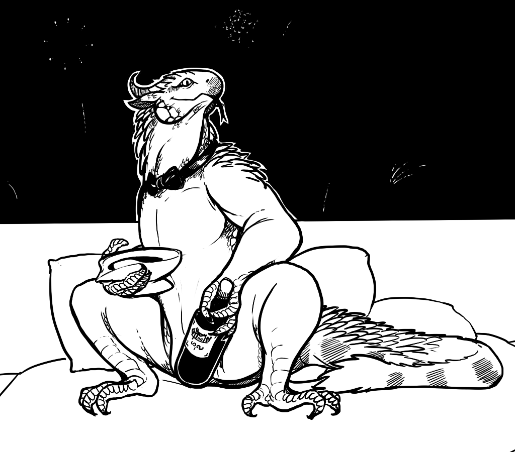 ambiguous_gender beverage black_and_white cushion fireworks floatrand forked_tounge greyscale holidays horn lizard monochrome new_year nude reptile ribbons scalie simple_background solo