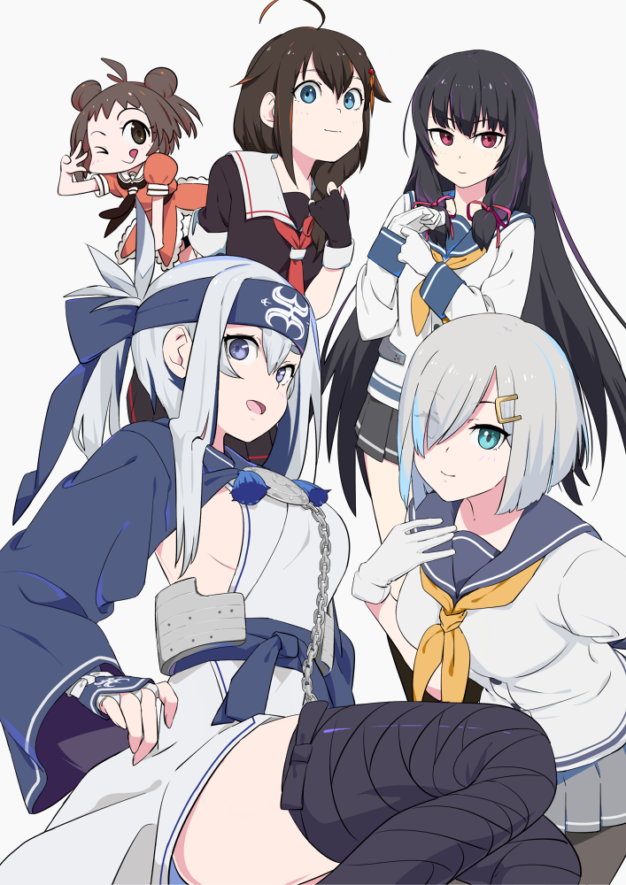:d ;q black_gloves black_hair black_serafuku blue_eyes blue_hair breasts brown_eyes double_bun fingerless_gloves gloves hair_ornament hair_over_one_eye hamakaze_(kantai_collection) headband isokaze_(kantai_collection) kamoi_(kantai_collection) kantai_collection large_breasts long_hair looking_at_viewer multiple_girls naka_(kantai_collection) one_eye_closed open_mouth pleated_skirt red_eyes school_uniform serafuku shigure_(kantai_collection) sideboob simple_background skirt smile sohin swimsuit tongue tongue_out w white_gloves
