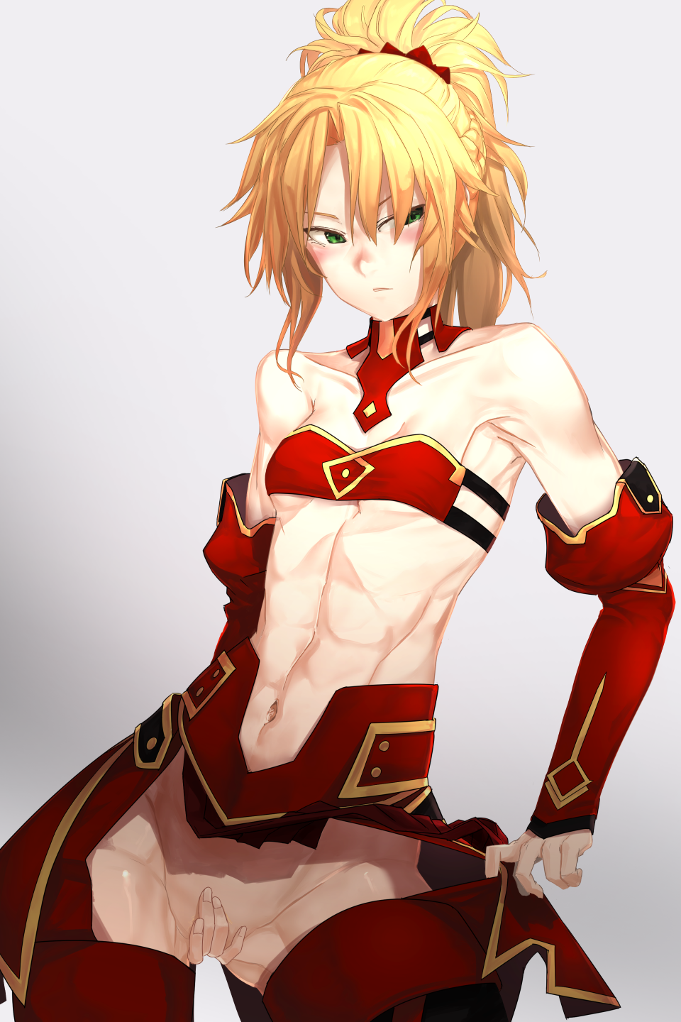 abs bare_shoulders blonde_hair blush bottomless breasts collarbone covering covering_crotch detached_sleeves fate/apocrypha fate/grand_order fate_(series) green_eyes highres i-pan long_hair mordred_(fate) mordred_(fate)_(all) ponytail small_breasts solo swimsuit thighhighs