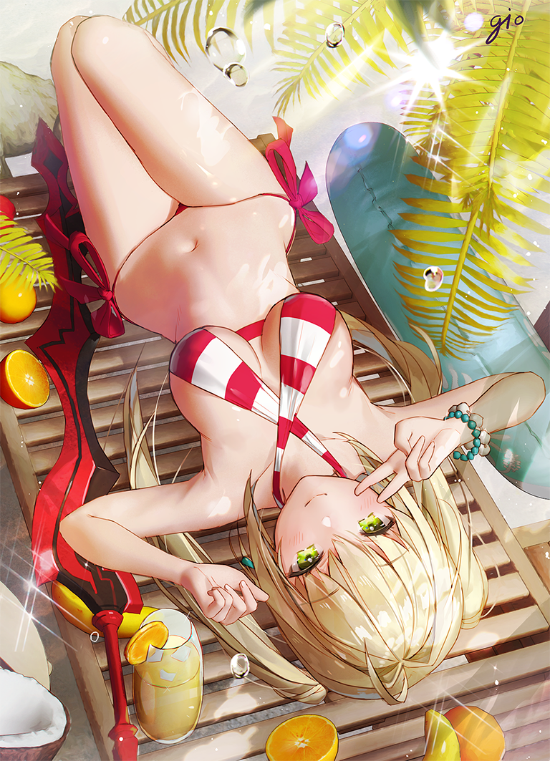 aestus_estus ahoge arms_up artist_name bare_arms bikini blonde_hair bracelet breasts closed_mouth criss-cross_halter eyebrows_visible_through_hair fate/grand_order fate_(series) food fruit gio_(maroon0924) green_eyes hair_intakes halterneck jewelry large_breasts lying navel nero_claudius_(fate)_(all) nero_claudius_(swimsuit_caster)_(fate) on_back orange outdoors side-tie_bikini smile solo striped striped_bikini swimsuit twintails upside-down v water_drop