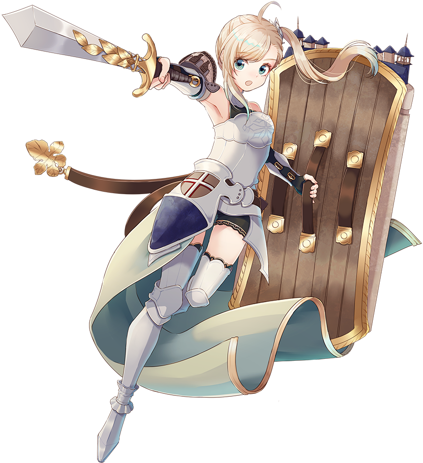 ahoge armor bangs bare_shoulders bike_shorts blonde_hair blue_eyes boots braid chateau_de_chinon_(oshiro_project) elbow_gloves fingerless_gloves full_body gloves hair_ornament holding holding_shield holding_sword holding_weapon looking_at_viewer natuki_miz oshiro_project oshiro_project_re shield side_ponytail solo swept_bangs sword thigh_boots thighhighs transparent_background weapon