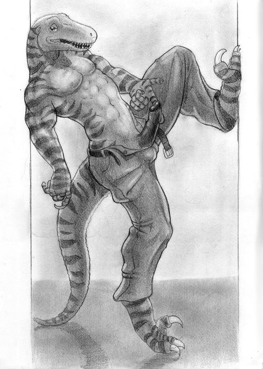 2008 3_toes 5_fingers abs anthro arjuna balls barefoot belt biceps biped claws clothed clothing dinosaur erection full-length_portrait glans greyscale humanoid_penis long_claws long_tail looking_at_viewer male monochrome muscular muscular_male on_one_leg open_mouth open_pants pants pecs pencil_(artwork) penis pillarbox portrait raised_leg raptor scalie side_view solo standing striped_scales striped_tail stripes teeth theropod toe_claws toes topless traditional_media_(artwork)