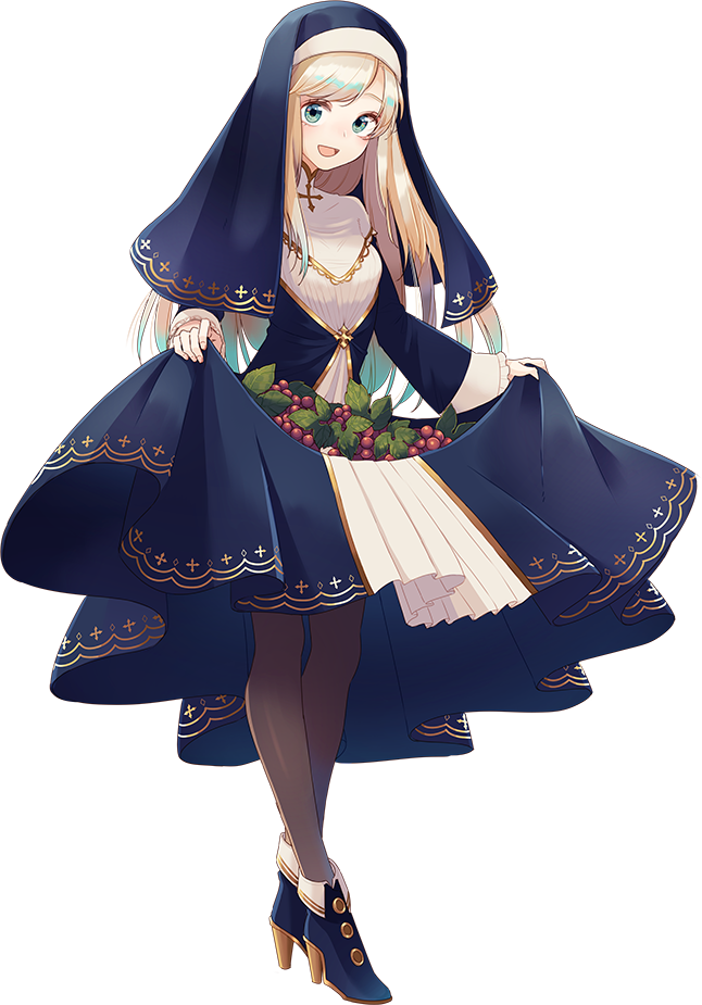 :d bangs berries blonde_hair blue_eyes chateau_de_chinon_(oshiro_project) full_body habit high_heels long_hair looking_at_viewer natuki_miz nun open_mouth oshiro_project oshiro_project_re pantyhose skirt skirt_lift smile solo swept_bangs transparent_background