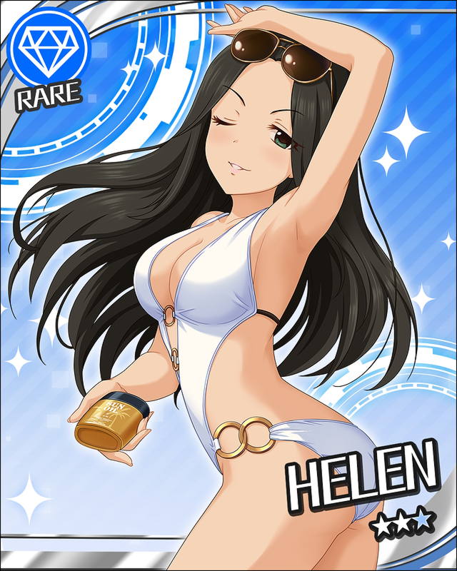 arm_up armpits artist_request black_hair breasts card_(medium) casual_one-piece_swimsuit character_name cleavage collarbone diamond_(symbol) eyewear_on_head green_eyes grin helen_(idolmaster) idolmaster idolmaster_cinderella_girls long_hair looking_at_viewer lotion lotion_bottle medium_breasts o-ring official_art one-piece_swimsuit one_eye_closed open_mouth smile solo sunglasses sunscreen swimsuit white_swimsuit