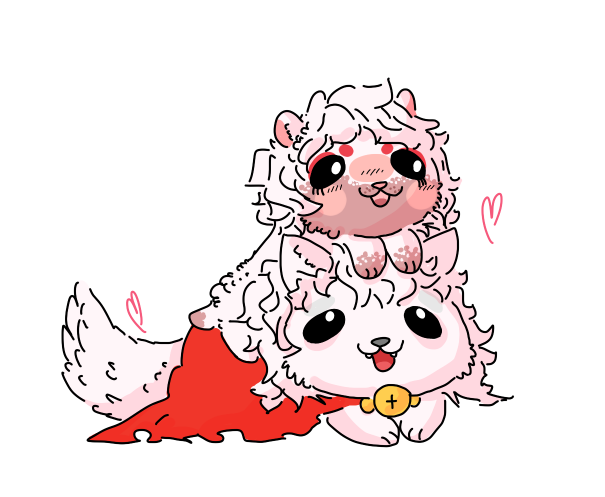 &lt;3 2017 albino canine cloak clothing cub cute digital_media_(artwork) duo female feral ferret fur hair heathecliff long_hair lying male male/female mammal mustelid open_mouth pink_nose red_fur romantic_couple short_hair simple_background sitting smile white_background white_fur white_hair wolf young