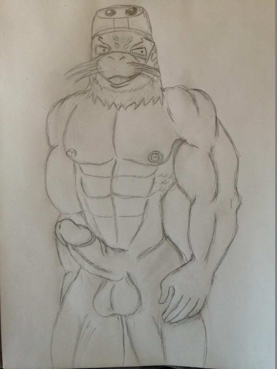 (my 2017 academia academia) anthro at balls beard big_(disambiguation) biped facial_hair focus grin hero invalid_tag male mammal manly marine muscular nipples penis pinniped seal selkie side smile solo view viewer