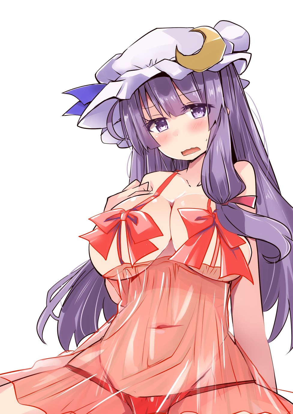 bangs bare_arms blunt_bangs blush breasts cleavage crescent crescent_hair_ornament hair_ornament hair_ribbon hat highres large_breasts lingerie long_hair looking_at_viewer mob_cap navel negligee patchouli_knowledge plump purple_eyes purple_hair red_ribbon ribbon see-through shirogane_(platinum) simple_background solo touhou underwear very_long_hair white_background