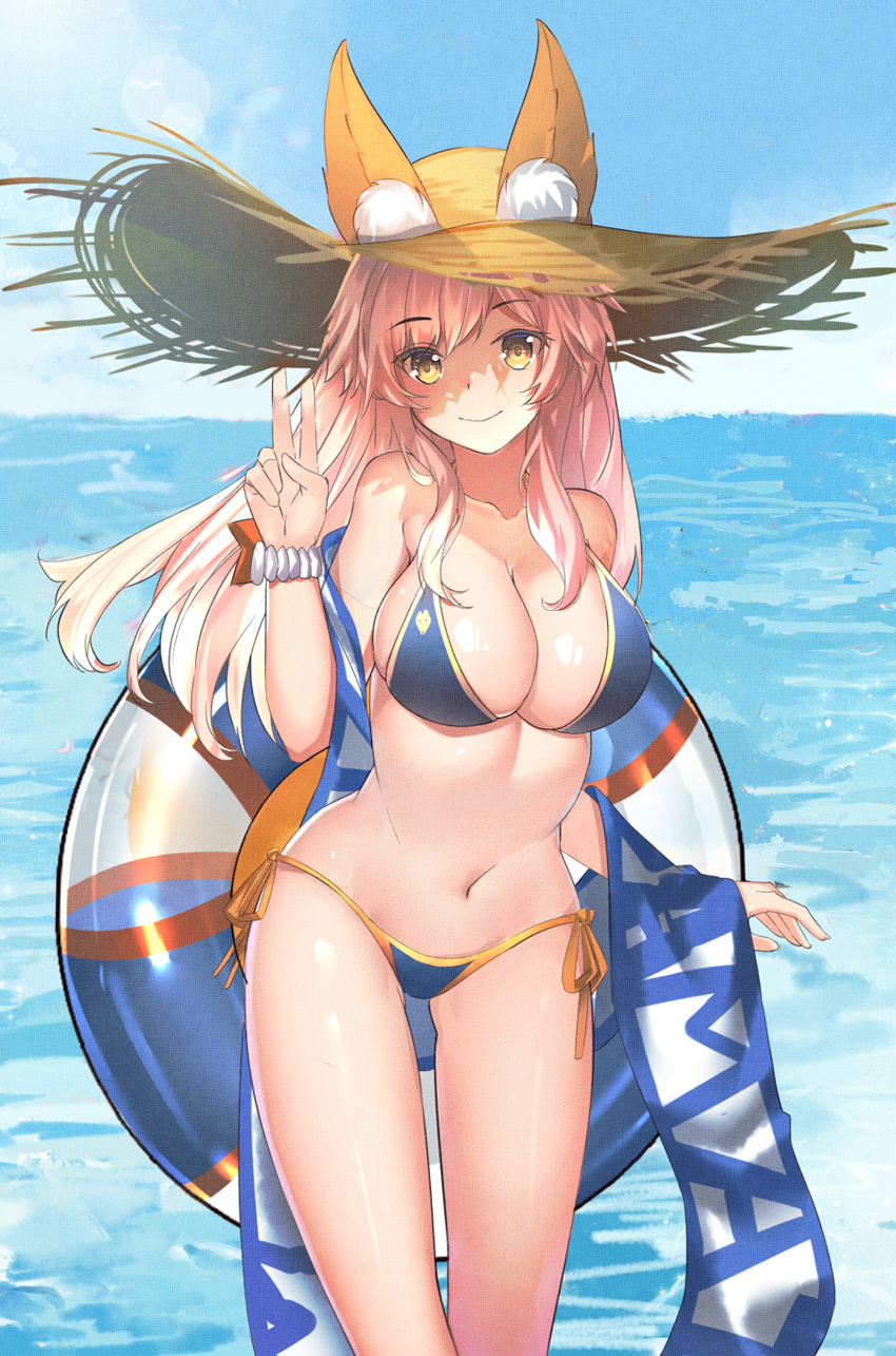 animal_ears bikini blue_bikini breasts cleavage day dhfz181 ears_through_headwear fate/grand_order fate_(series) fox_ears fox_tail hair_ribbon hat highres large_breasts long_hair looking_at_viewer nature navel ocean outdoors pink_hair ribbon solo straw_hat sun_hat swimsuit tail tamamo_(fate)_(all) tamamo_no_mae_(fate) tamamo_no_mae_(swimsuit_lancer)_(fate) v yellow_eyes