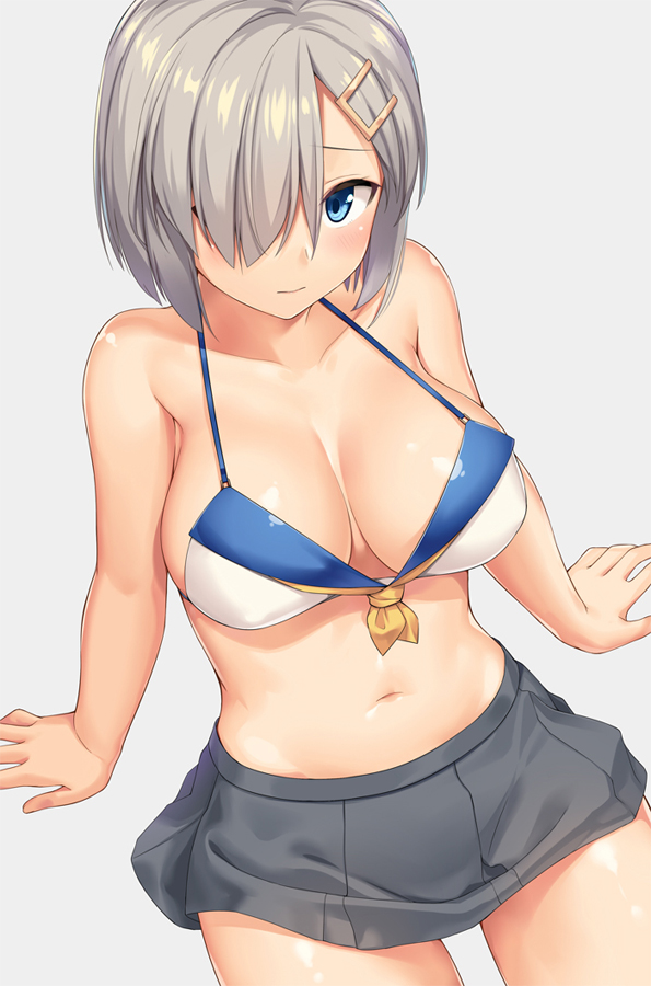 arm_support bare_shoulders bikini_top blue_eyes blush breasts closed_mouth collarbone commentary_request front-tie_top grey_background grey_skirt hair_ornament hair_over_one_eye hairclip hamakaze_(kantai_collection) kantai_collection large_breasts leaning_back looking_at_viewer miniskirt navel sawada_yuusuke short_hair silver_hair simple_background sitting skirt solo stomach white_bikini_top