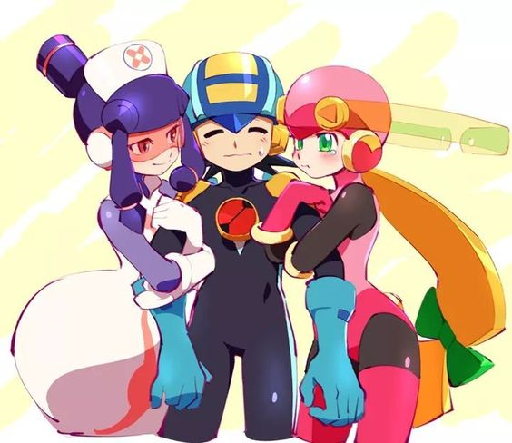 00s 1boy 2girls arm_holding artist_request blue_bodysuit blue_gloves blush bodysuit capcom glasses gloves green_eyes hat headdress heart helmet highres jealous locked_arms medi multiple_girls nurse_cap pink_eyes pout purple_hair red_eyes robot rockman rockman_exe rockman_exe_(character) roll_exe