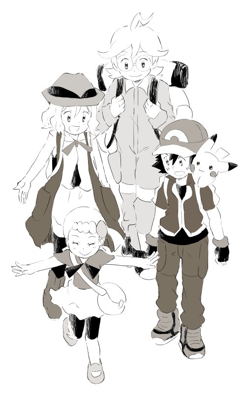 2girls artist_request backpack bag baseball_cap citron_(pokemon) eureka_(pokemon) fingerless_gloves gen_1_pokemon gloves hat monochrome multiple_boys multiple_girls pikachu pokemon pokemon_(anime) pokemon_(creature) pokemon_xy_(anime) satoshi_(pokemon) serena_(pokemon) short_hair