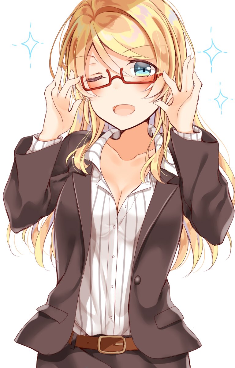 ;d ayase_eli belt blonde_hair blue_eyes breasts cleavage collared_shirt commentary_request formal glasses hair_down highres long_hair long_sleeves looking_at_viewer love_live! love_live!_school_idol_project medium_breasts mogu_(au1127) office_lady one_eye_closed open_mouth pinstripe_pattern red-framed_eyewear semi-rimless_eyewear shirt simple_background smile solo sparkle striped suit under-rim_eyewear upper_body white_background