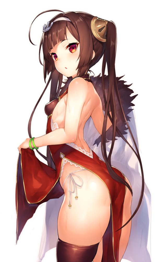ahoge ass azur_lane back backless_dress backless_outfit bangs bare_arms bare_back black_legwear blunt_bangs bracelet breasts brown_hair china_dress chinese_clothes commentary_request dress dress_lift from_behind fur_collar hair_ornament hairband inayama jewelry lifted_by_self long_hair panties ping_hai_(azur_lane) red_dress red_eyes side-tie_panties side_slit simple_background single_thighhigh skindentation small_breasts solo standing thighhighs twintails underwear very_long_hair white_background white_hairband