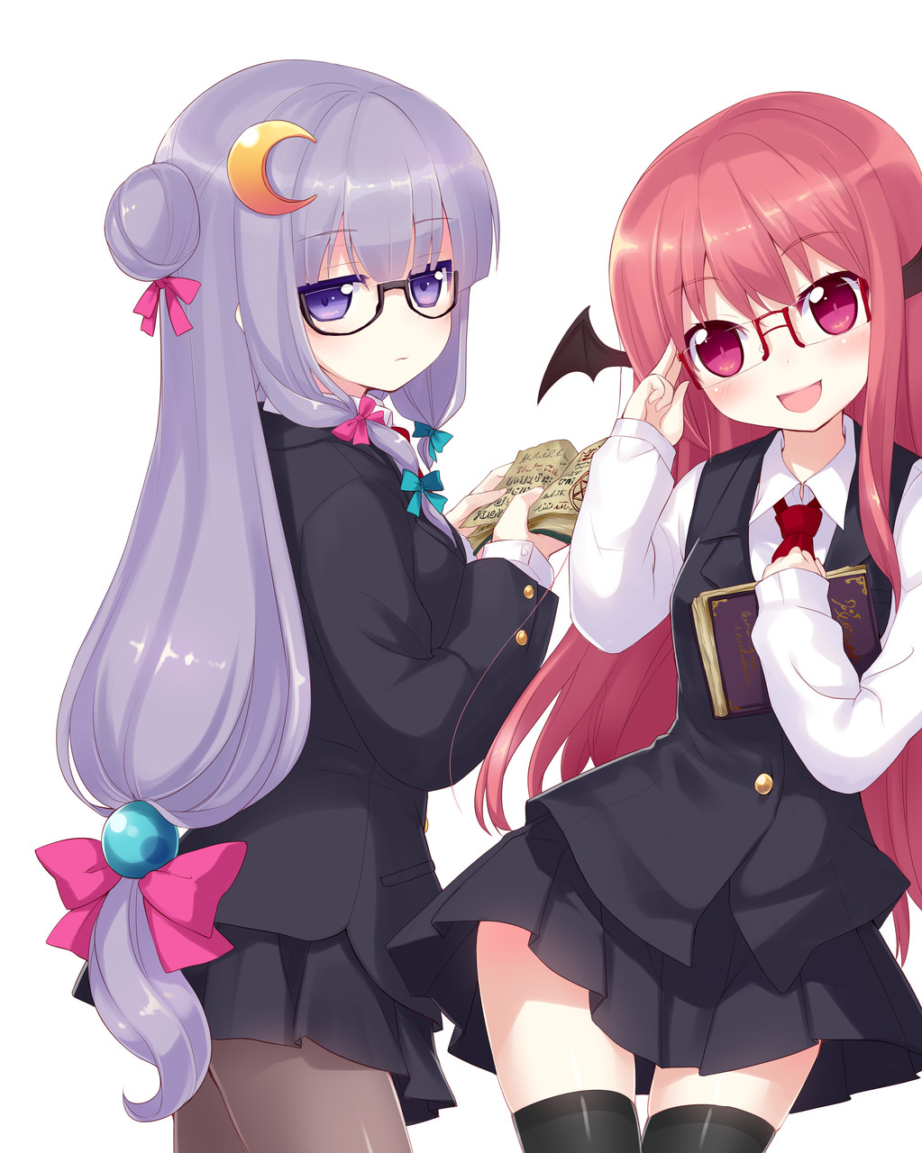 alternate_costume bangs bespectacled black_legwear black_skirt blue_ribbon blunt_bangs book contrapposto crescent crescent_hair_ornament glasses hair_bobbles hair_bun hair_ornament hair_ribbon highres holding holding_book jitome koakuma long_sleeves looking_at_viewer minamura_haruki miniskirt multiple_girls necktie over-rim_eyewear pantyhose patchouli_knowledge pleated_skirt purple_eyes purple_hair red-framed_eyewear red_eyes red_hair red_neckwear red_ribbon ribbon school_uniform semi-rimless_eyewear simple_background skirt skirt_set smile standing thighhighs touhou vest white_background