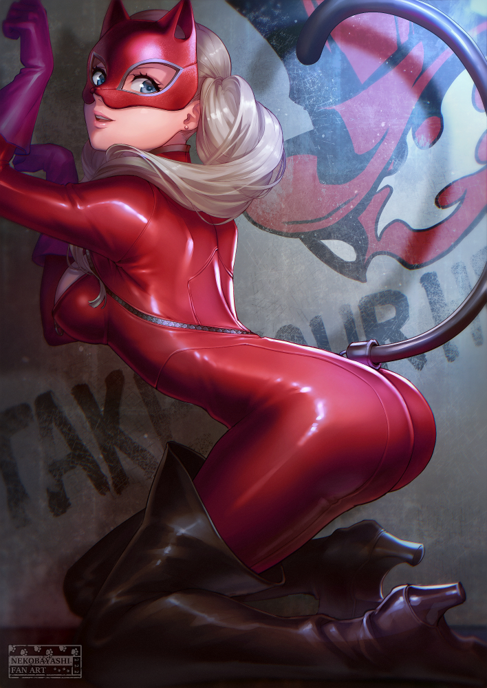 arched_back ass black_legwear blonde_hair blue_eyes bodysuit boots cleavage_cutout earrings from_side gloves graffiti jewelry kneeling long_hair looking_at_viewer looking_away mask nekobayashi_(nekoforest) parted_lips paw_pose persona persona_5 purple_gloves red_bodysuit shiny skin_tight solo tail takamaki_anne thigh_boots thighhighs twintails wall zipper