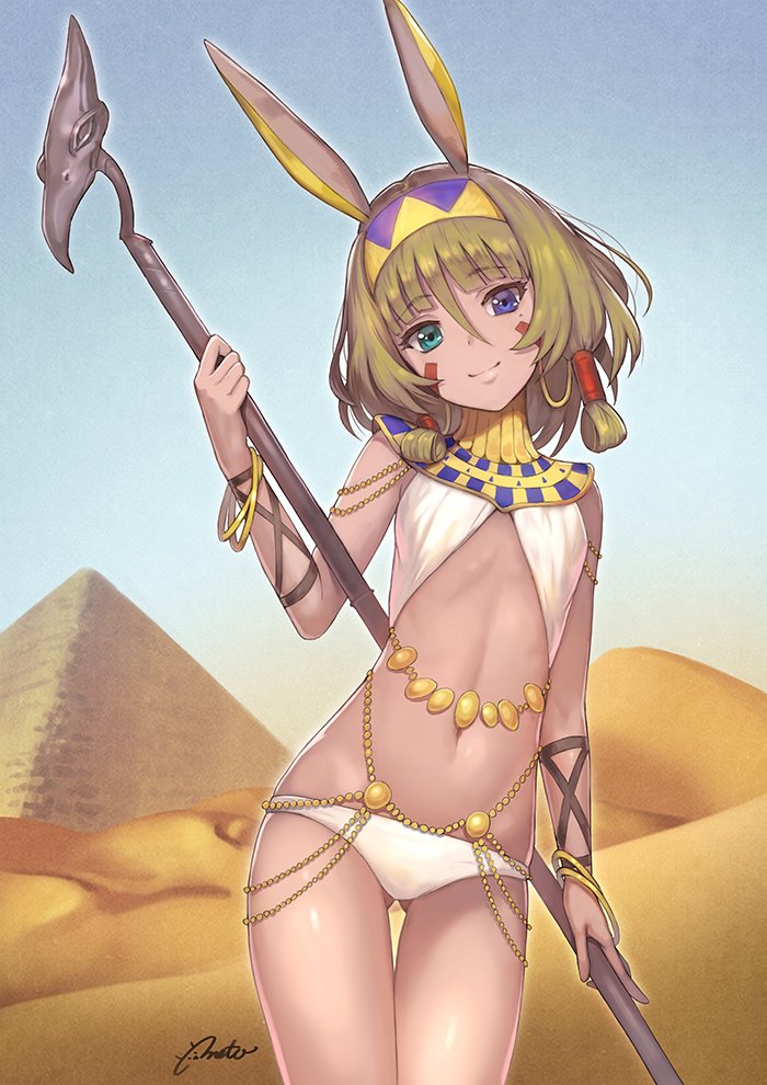 alternate_breast_size animal_ears ass_visible_through_thighs belly_chain bikini blue_eyes blue_sky bracelet breasts brown_hair chain commentary_request cosplay day desert detached_collar earrings egyptian_clothes eyebrows_visible_through_hair facepaint fate/grand_order fate_(series) green_eyes hair_between_eyes hair_tubes head_tilt heterochromia hips holding holding_staff hoop_earrings idolmaster idolmaster_cinderella_girls jackal_ears jewelry looking_at_viewer meto31 mole mole_under_eye navel nitocris_(fate/grand_order) nitocris_(fate/grand_order)_(cosplay) outdoors pyramid short_hair sidelocks signature sky small_breasts smile solo staff swimsuit takagaki_kaede thighs white_bikini
