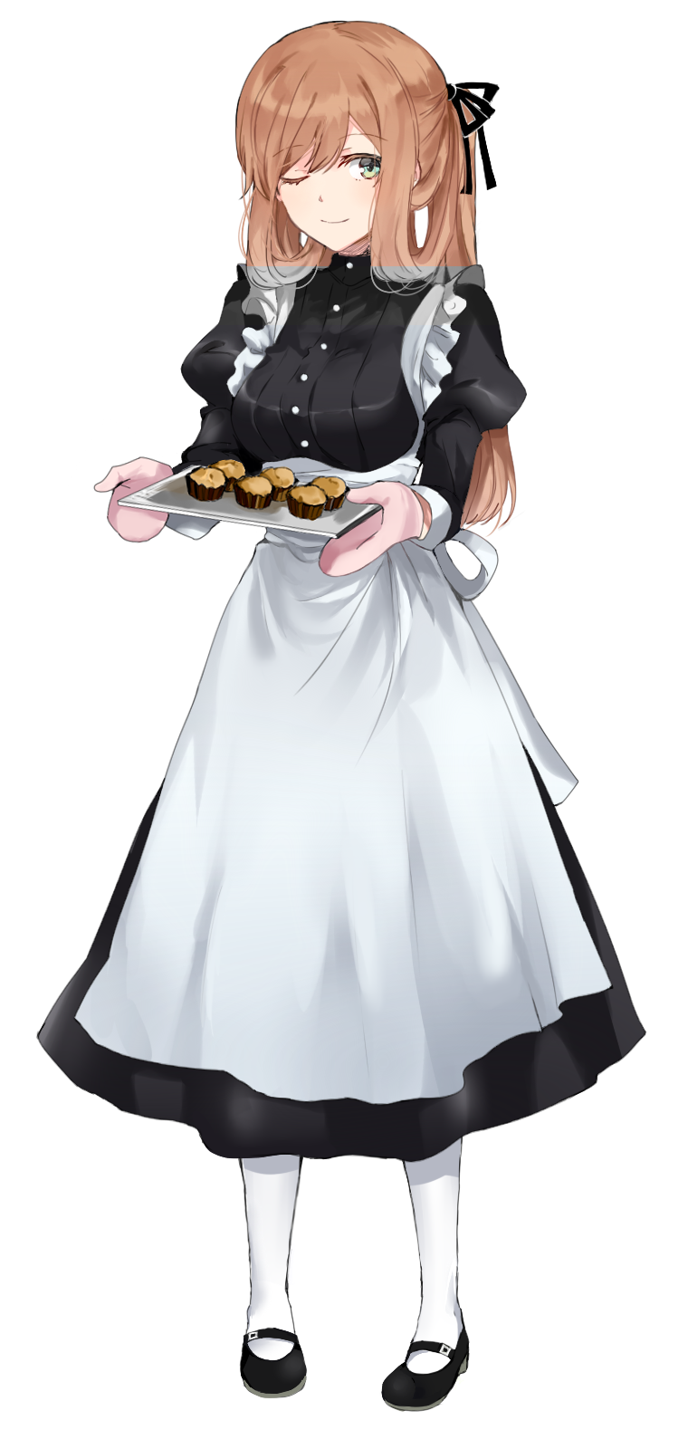 apron bad_id bad_pixiv_id bangs black_footwear black_ribbon brown_hair closed_mouth cupcake food frilled_apron frills full_body girls_frontline green_eyes grey_background hair_ribbon highres holding holding_tray juliet_sleeves long_hair long_sleeves looking_at_viewer m1903_springfield_(girls_frontline) maid mary_janes mittens one_eye_closed pantyhose puffy_sleeves retto ribbon shoes sidelocks simple_background smile solo standing tray white_legwear