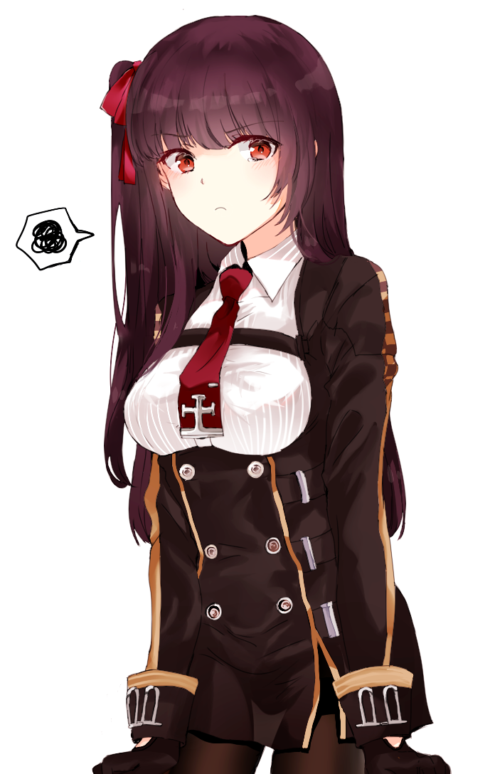 bad_id bad_pixiv_id bangs black_dress black_gloves black_legwear breasts closed_mouth cowboy_shot dress eyebrows_visible_through_hair girls_frontline gloves grey_background hair_ribbon long_hair looking_at_viewer medium_breasts military military_uniform necktie one_side_up pantyhose pelvic_curtain pout purple_hair purple_ribbon red_neckwear retto ribbon short_dress sidelocks simple_background solo spoken_squiggle squiggle tearing_up tears tsundere underbust uniform wa2000_(girls_frontline)