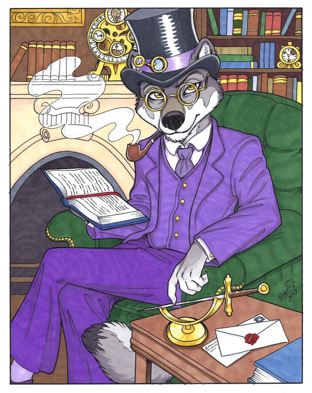anthro book canine chair clothed clothing clue_(game) envelope eyewear fireplace fur glasses grey_fur hat knife letter_opener library male mammal marci_mcadam necktie pipe professor_plum shelf smoke solo table top_hat white_fur wolf yellow_eyes