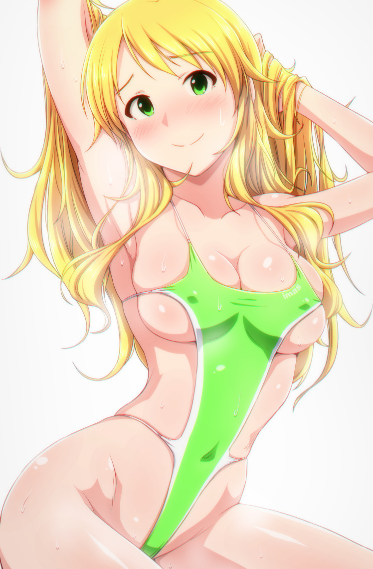 adjusting_hair arched_back arm_up armpits bare_arms blonde_hair blush breasts collarbone commentary_request covered_navel covered_nipples green_eyes hoshii_miki idolmaster idolmaster_(classic) large_breasts long_hair looking_at_viewer navel revision skindentation smile solo swimsuit tareme tengu_(tetuo_kun) white_background