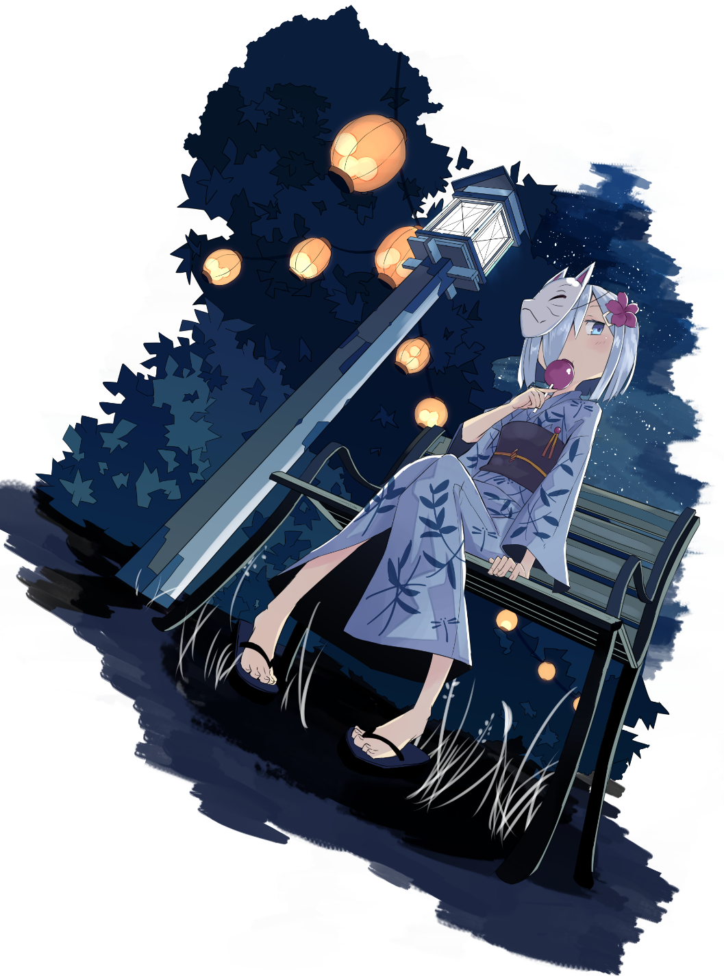 alternate_breast_size alternate_costume arm_support bench blue_eyes candy_apple commentary_request dutch_angle eating flower food fox_mask hair_flower hair_ornament hair_over_one_eye hairclip hamakaze_(kantai_collection) highres japanese_clothes kantai_collection kimono knees_together_feet_apart lamppost lantern looking_at_viewer mask mask_on_head night obi outdoors pink_flower sandals sash sitting sky solo star_(sky) starry_sky steins_schwanz white_background wide_sleeves yukata