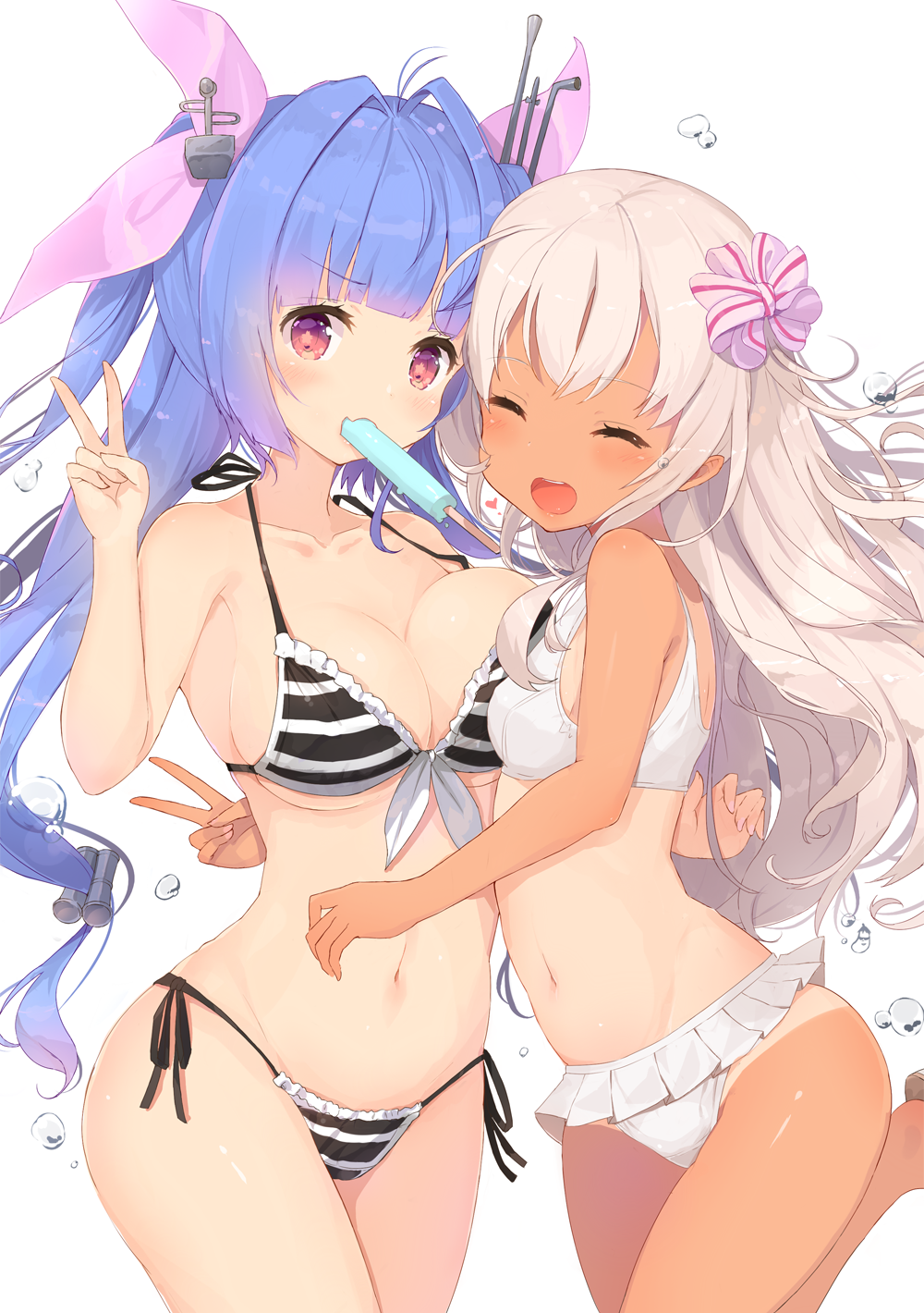 :d asymmetrical_docking bangs bikini blue_hair blush breast_press breasts closed_eyes collarbone commentary_request cowboy_shot dark_skin eyebrows_visible_through_hair facing_viewer food food_in_mouth front-tie_top hair_intakes hair_ribbon halterneck heart highres hug i-19_(kantai_collection) kagerou_(shadowmage) kantai_collection long_hair looking_at_viewer medium_breasts mouth_hold multiple_girls navel nontraditional_school_swimsuit open_mouth pink_ribbon popsicle red_eyes ribbon ro-500_(kantai_collection) round_teeth school_swimsuit side-tie_bikini simple_background small_breasts smile standing standing_on_one_leg star star-shaped_pupils striped striped_bikini swimsuit symbol-shaped_pupils tan teeth upper_teeth v water_drop white_background white_bikini white_school_swimsuit white_swimsuit