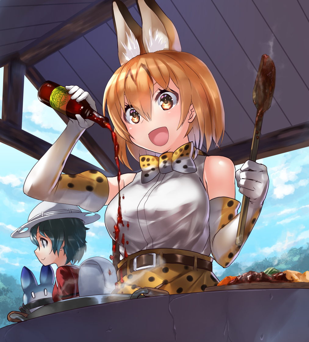 :d animal_ears backpack bag bare_shoulders belt blonde_hair blue_sky bottle bow bowtie cloud commentary_request cooking day elbow_gloves eyes_visible_through_hair food gloves green_hair hair_between_eyes hat helmet high-waist_skirt kaban_(kemono_friends) kemono_friends ladle looking_away lucky_beast_(kemono_friends) multiple_girls open_mouth pith_helmet pouring print_gloves print_neckwear print_skirt red_shirt sauce serval_(kemono_friends) serval_ears serval_print shirt short_hair skirt sky sleeveless sleeveless_shirt smile tabasco tadano_magu white_shirt yellow_eyes