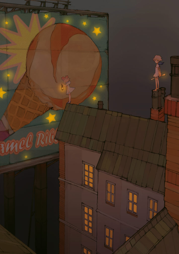 billboard bow brown_hair building chimney distant dress food fumiyomogi hair_bow holding_lantern house ice_cream ice_cream_cone lantern multiple_girls night on_roof original outdoors rooftop scarf short_hair standing star surreal window