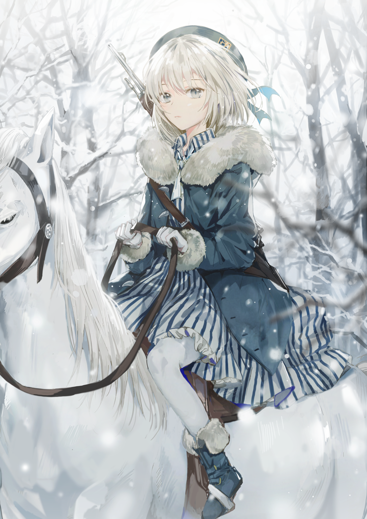 bangs blue_dress boots closed_mouth coat commentary_request dangmill day dress frills fur_boots fur_collar fur_trim grey_eyes grey_hair gun hat horse horseback_riding looking_at_viewer open_clothes open_coat original outdoors pantyhose revision riding rifle silver_eyes silver_hair skirt snow solo striped striped_dress tsurime weapon white_legwear winter_clothes