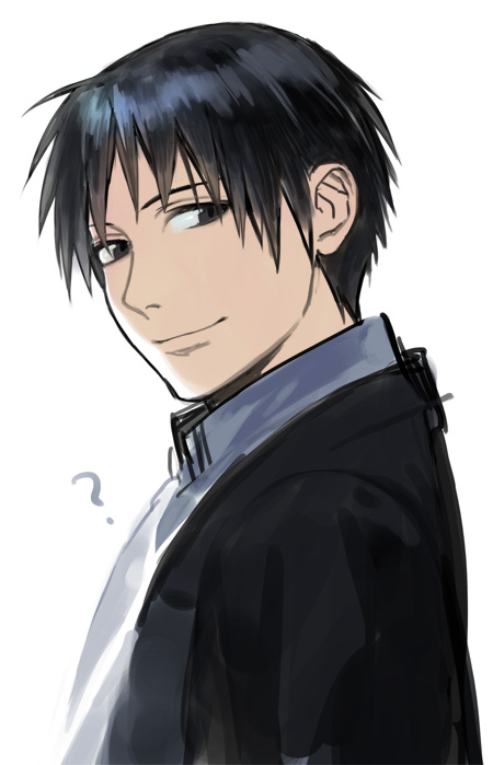 ? black_eyes black_hair coat fullmetal_alchemist looking_at_viewer looking_back male_focus noako roy_mustang shirt simple_background smile solo white_background white_shirt