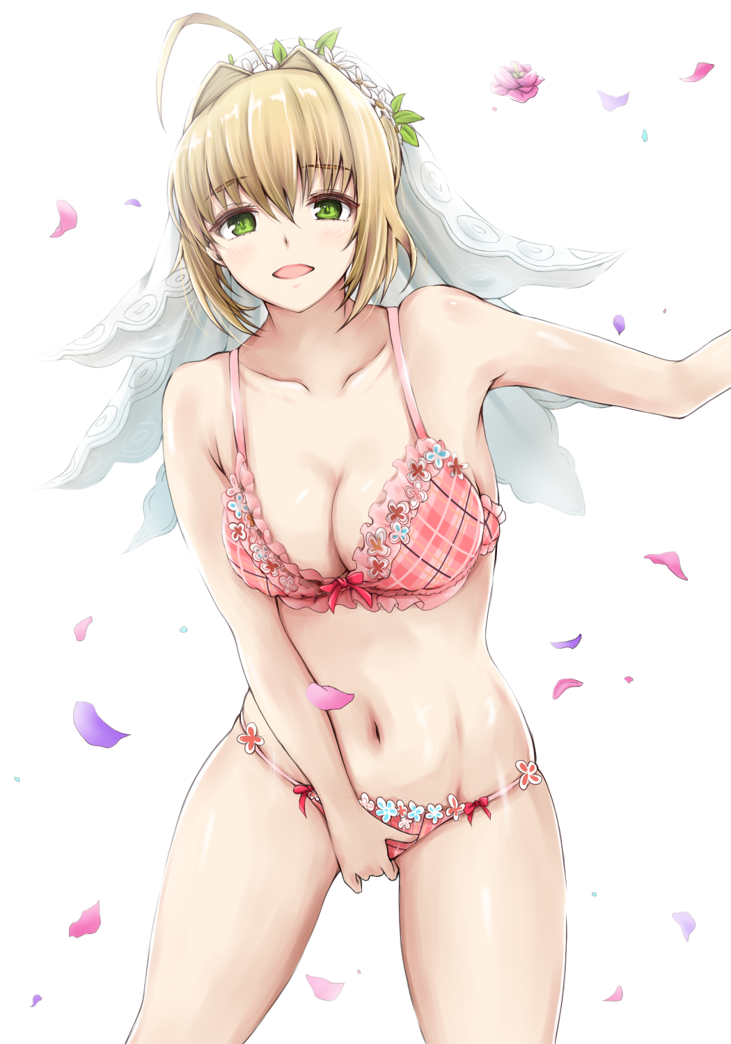 bangs blonde_hair bow bow_bra bow_panties bra breasts cleavage collarbone commentary cowboy_shot crotch_grab eyebrows_visible_through_hair fate/extra fate_(series) floral_print flower frilled_bra frills green_eyes head_wreath highres kama_o_nu large_breasts looking_at_viewer navel nero_claudius_(fate) nero_claudius_(fate)_(all) open_mouth panties petals pink_bra pink_panties plaid plaid_bra plaid_panties short_hair simple_background skindentation smile solo standing string_panties underwear underwear_only veil white_background
