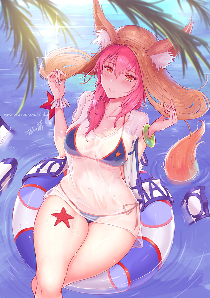 animal_ears bikini blue_bikini blush breasts cleavage closed_mouth collarbone ears_through_headwear eliskalti fate/grand_order fate_(series) fox_ears fox_tail hat innertube large_breasts long_hair looking_at_viewer looking_up navel ocean palm_leaf pink_hair shirt solo starfish sun_hat swimsuit t-shirt tail tamamo_(fate)_(all) tamamo_no_mae_(swimsuit_lancer)_(fate) water wet wet_clothes wet_shirt wet_t-shirt yellow_eyes