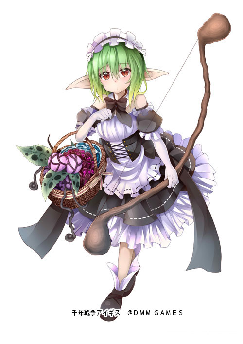 basket black_footwear bow_(weapon) elbow_gloves gloves green_hair holding holding_basket lina_(sennen_sensou_aigis) looking_at_viewer maid official_art pointy_ears red_eyes sennen_sensou_aigis shoes solo standing standing_on_one_leg taicho128 watermark weapon white_gloves