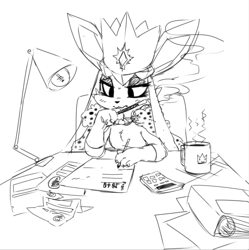 beverage calculator chair cigarette cigarette_holder claws clothing coffee crown desk eeveelution eyelashes eyeshadow feral folder girly glaceon kemonoruka king kingceon lamp makeup nintendo paws pok&eacute;mon royalty sitting sketch smoke stressed taxes video_games